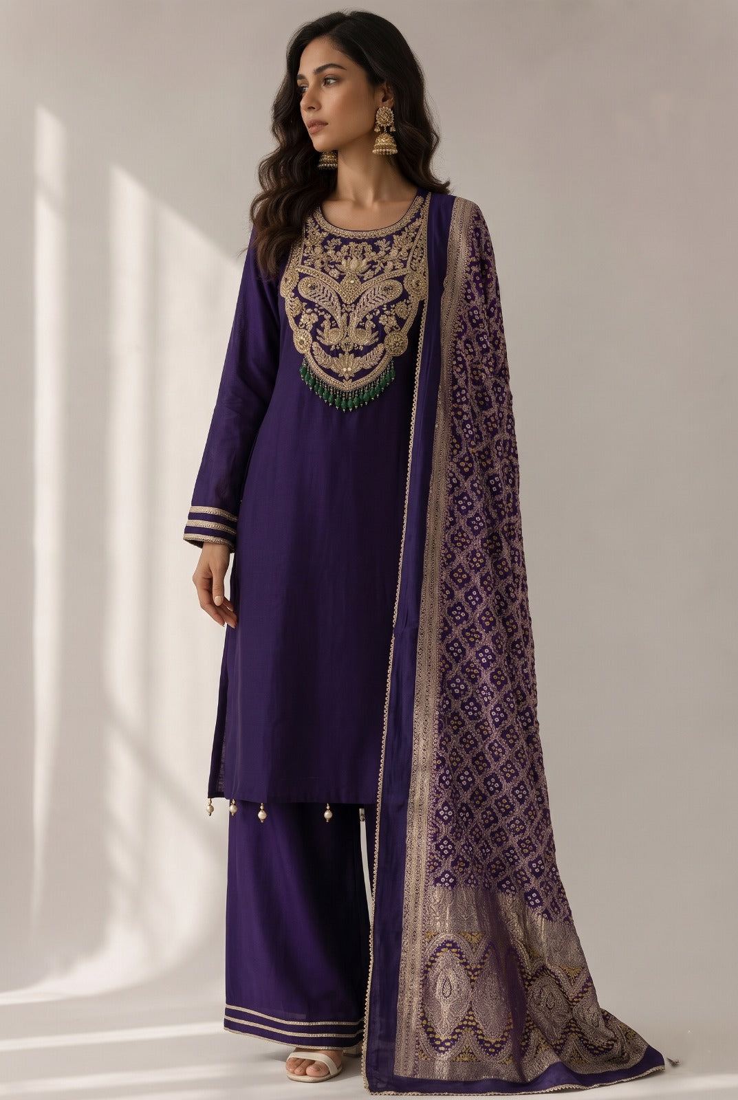 Dark Purple Embellished Raw Silk Palazzo Set