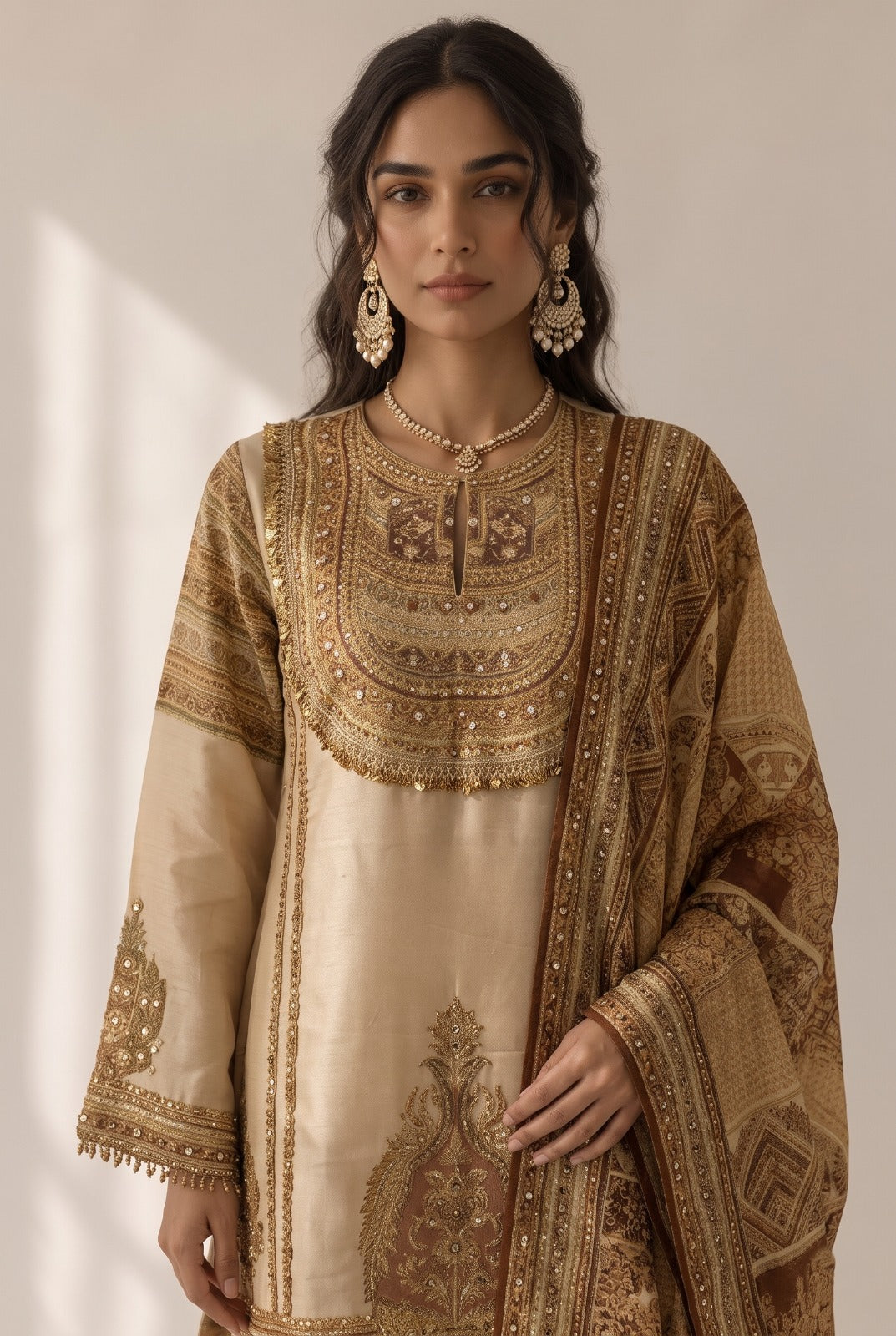 Warm Beige Embellished Premium Silk Salwar Set
