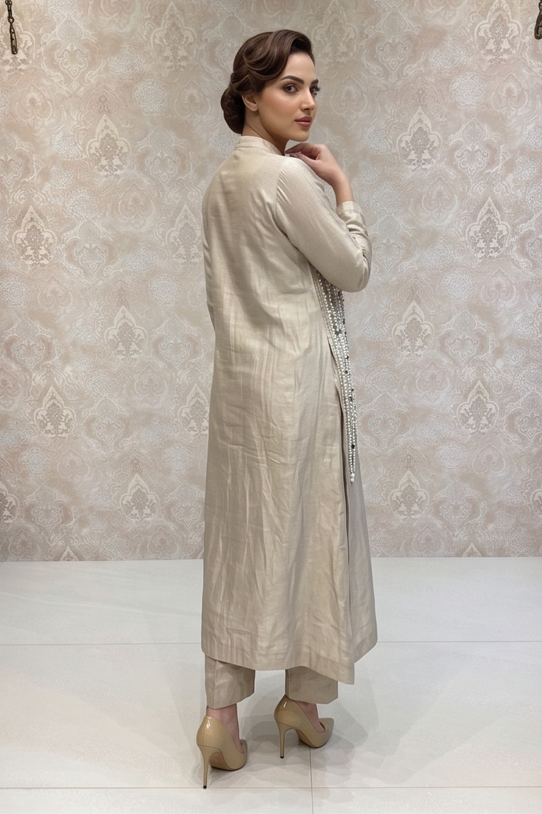 Silver Beige Embellished Shimmer Tissue Silk Co-ord Set
