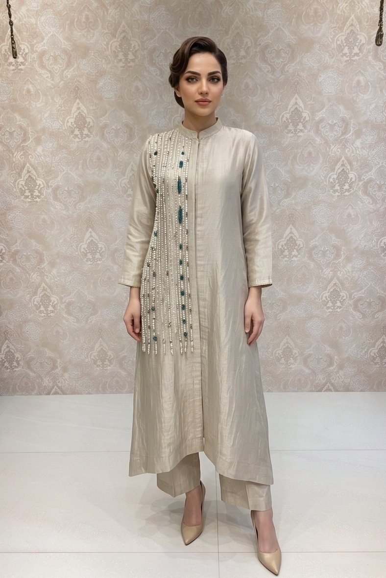 Silver Beige Embellished Shimmer Tissue Silk Co-ord Set