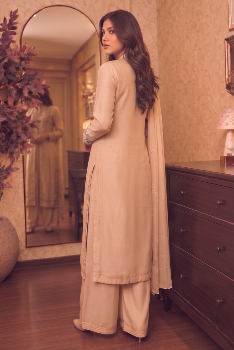 Dusty Peach Embellished Chinon Silk Palazzo Set