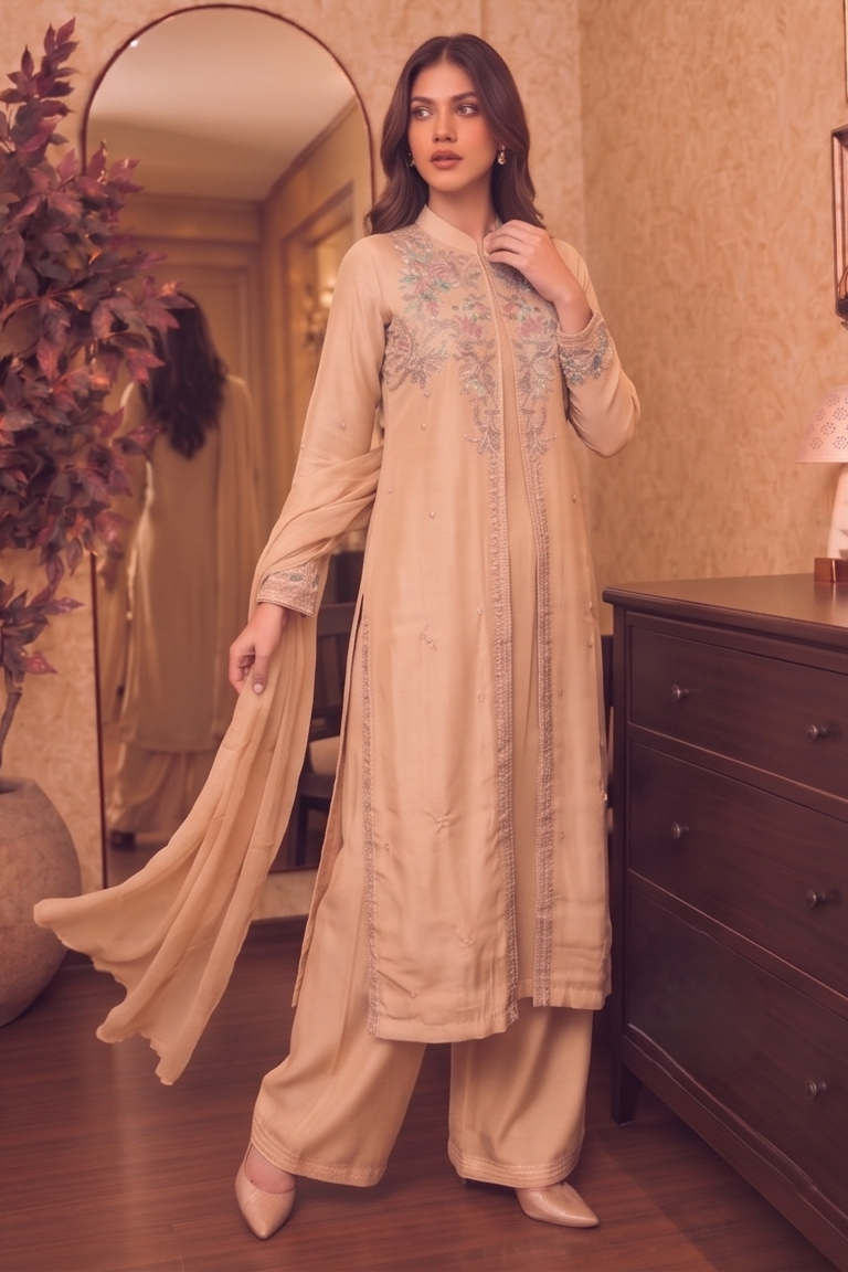 Dusty Peach Embellished Chinon Silk Palazzo Set