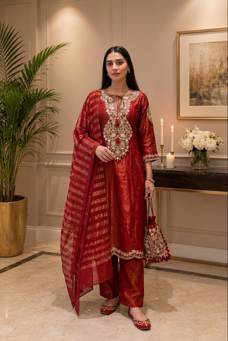 Rich Red Embellished Shimmer Tissue Silk Pant Set