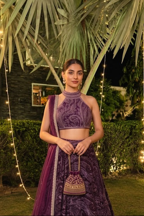 Deep Wine Embellished Velvet Silk Lehenga Set