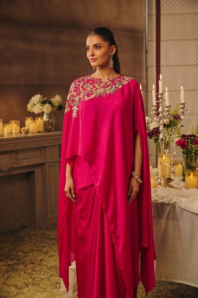 Rani Pink Embellished Crepe Silk Skirt Set