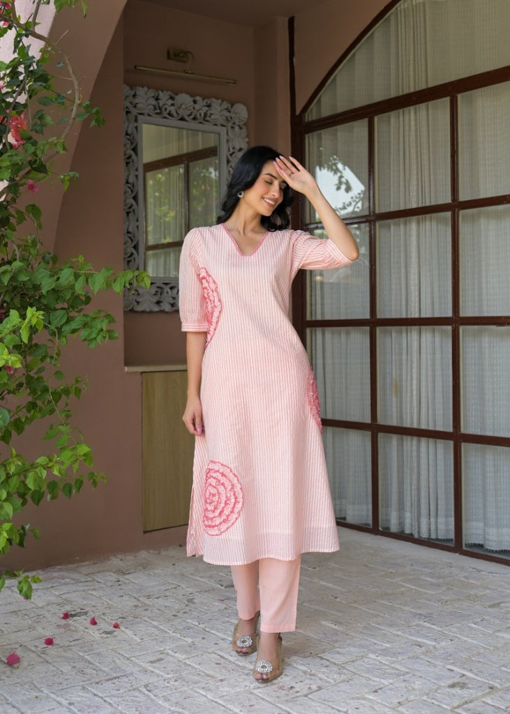Peach & White Printed Cotton Kurta Set