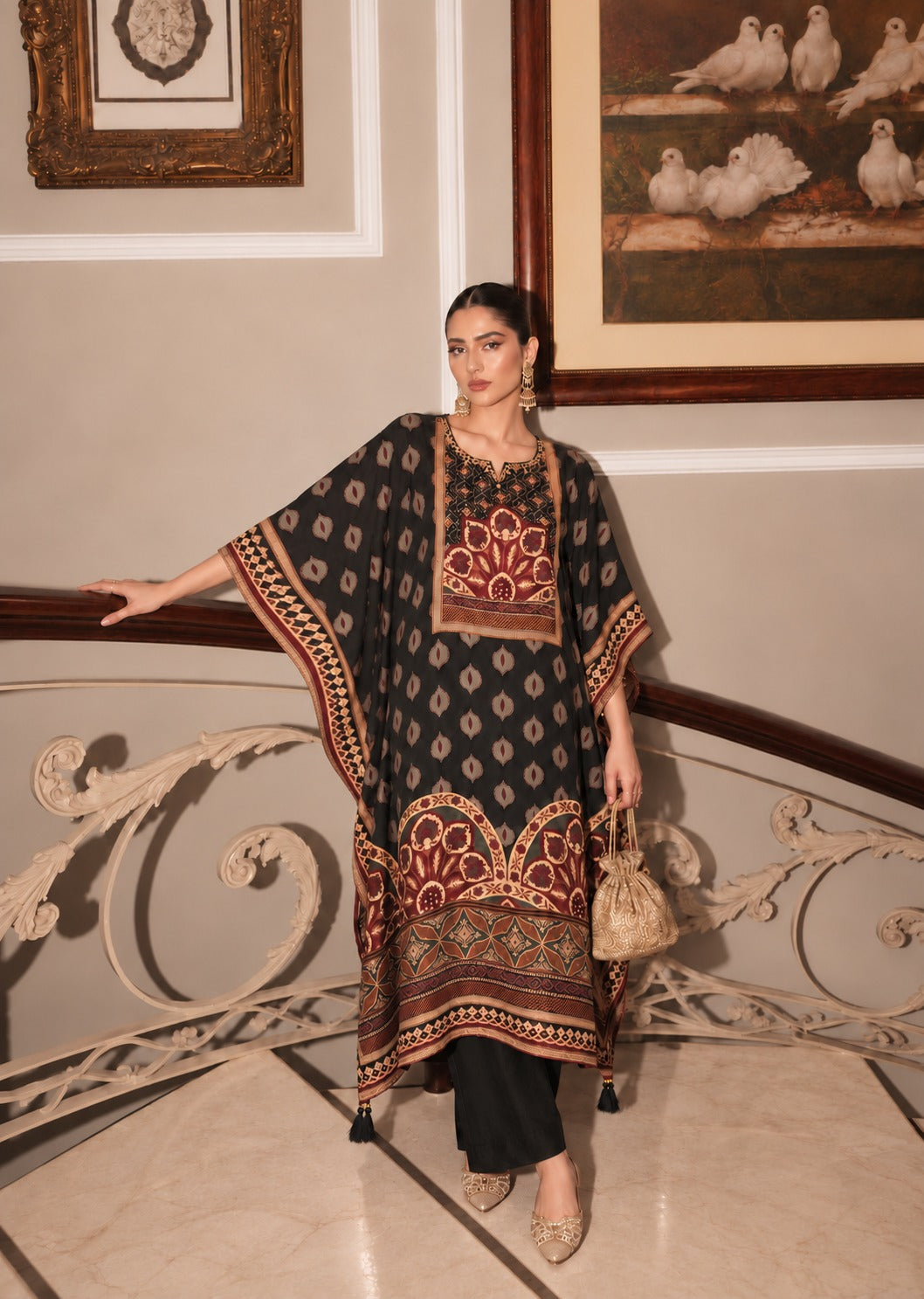 Charcoal Black Printed Crepe Silk Kaftan Set