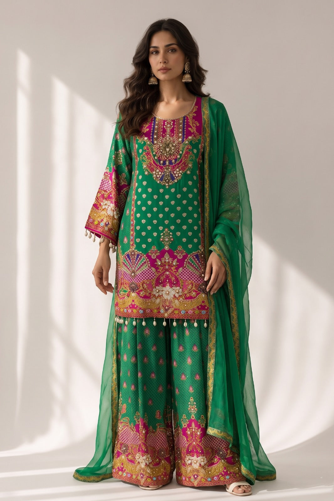 Vibrant Green Embellished Premium Crepe Silk Palazzo Set