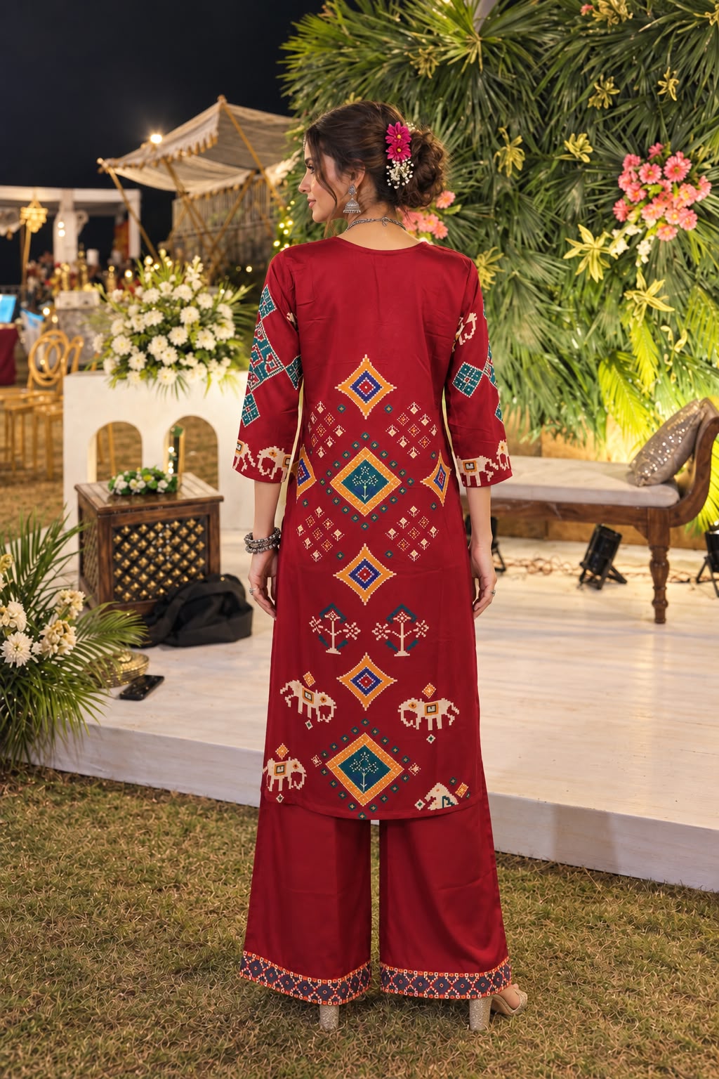 Deep Maroon Printed Gajji Silk Kurta Set