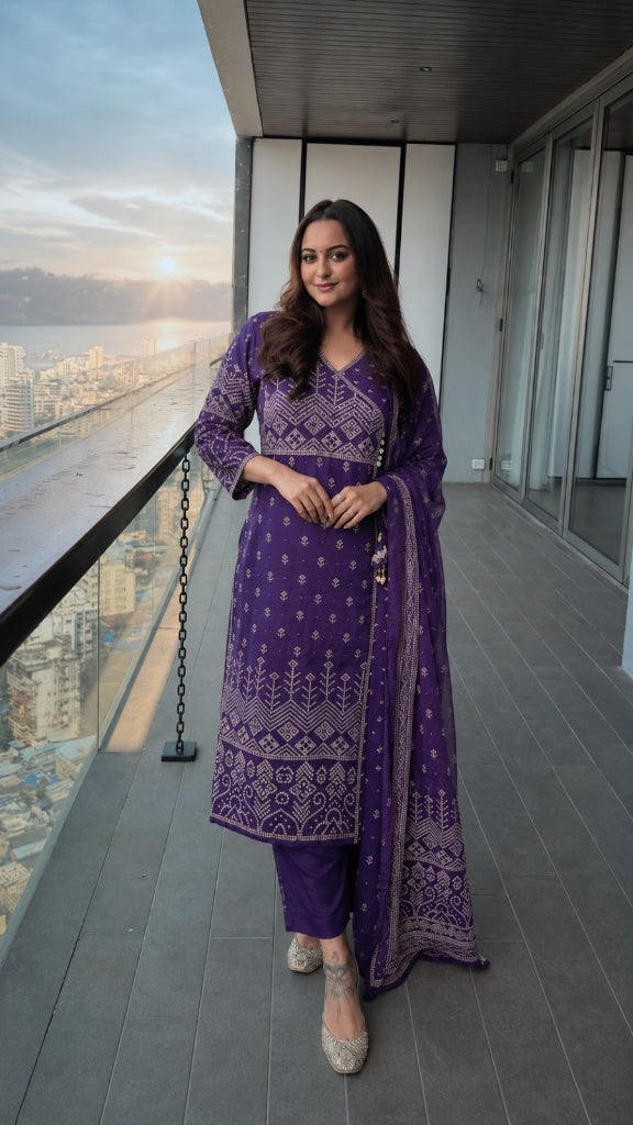 Iris Purple Embellished Cotton Pant Set