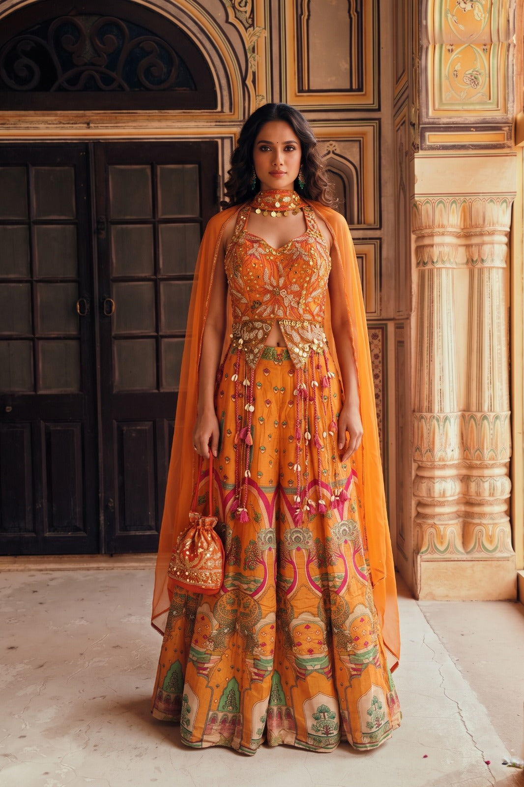 Tangerine Embellished Crepe Silk Palazzo Set