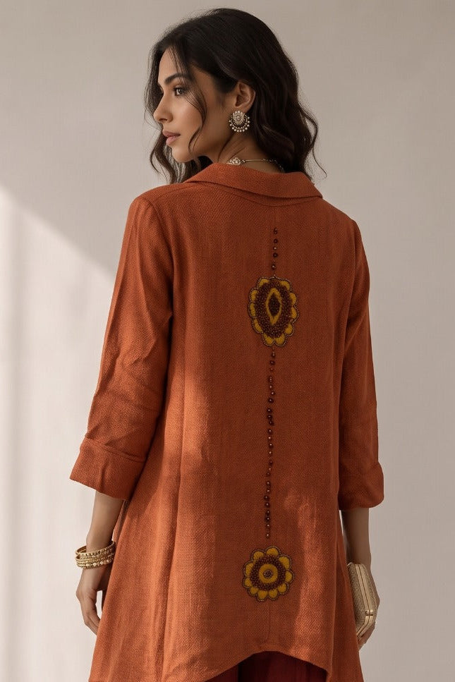 Terracota Rust Woven Cotton Tweed Skirt Set