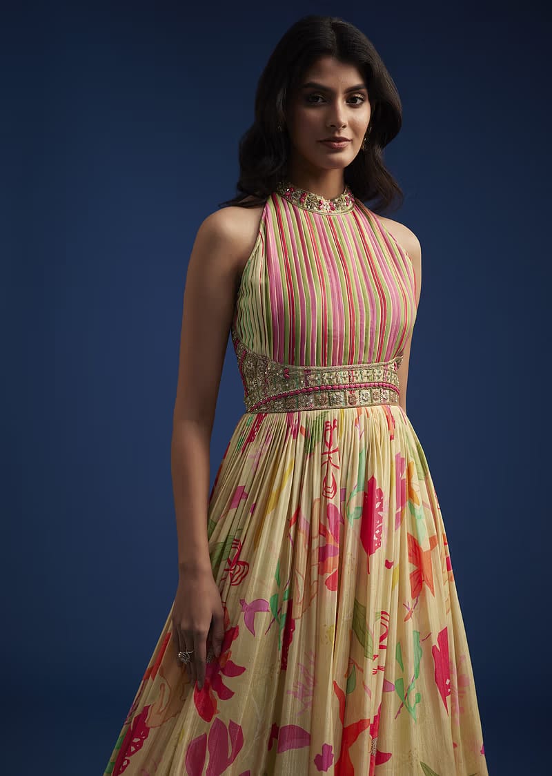 Yellow Floral Printed Chinon Silk Gown