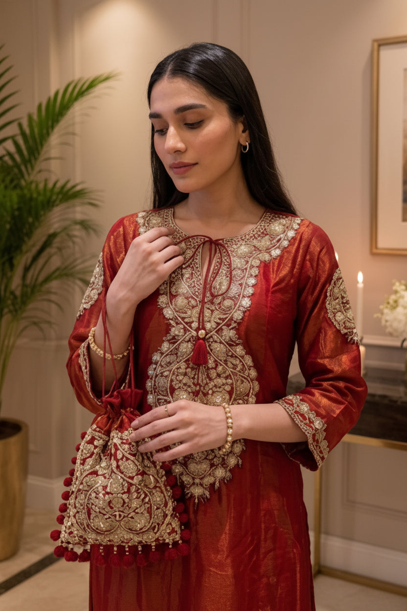 Rich Red Embellished Shimmer Tissue Silk Pant Set