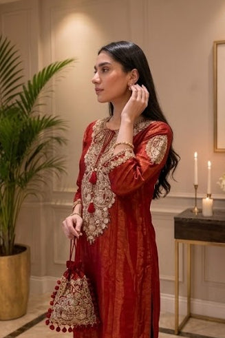 Rich Red Embellished Shimmer Tissue Silk Pant Set