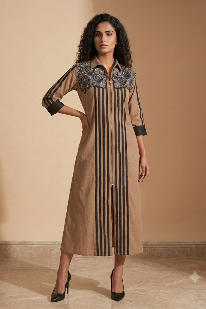 Buff Beige Embellished Midi Dress