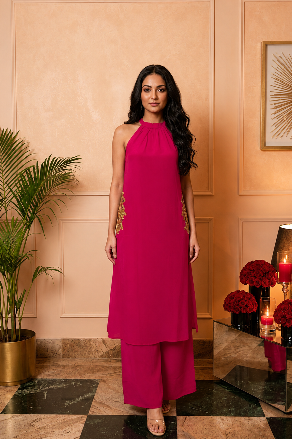 Blossom Pink Embellished Crepe Silk Palazzo Set
