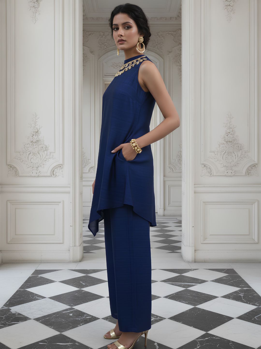 Luxe Navy Embellished Premium Silk Co-Ord Set