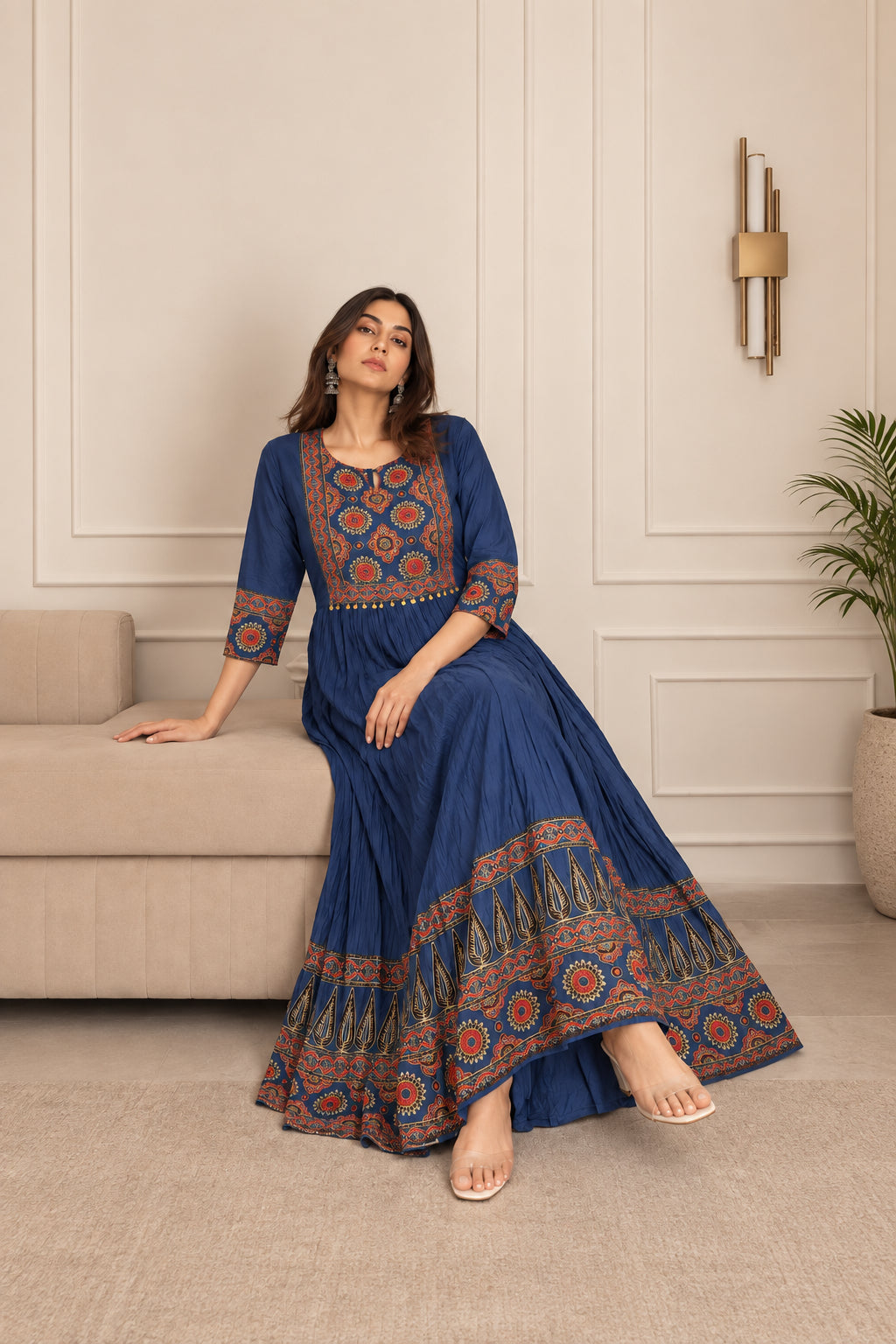 Dusty Blue Printed Mul Cotton Ajrakh Gown
