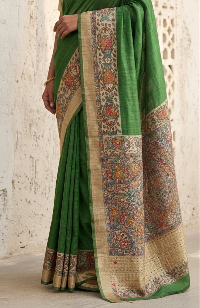 Green Embroidered Pure Tussar Silk Saree