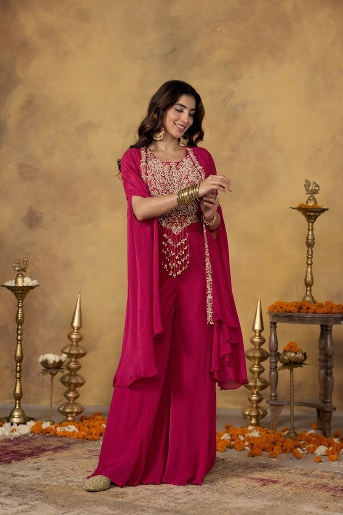 Rani Pink Embellished Chinon Silk Palazzo Set