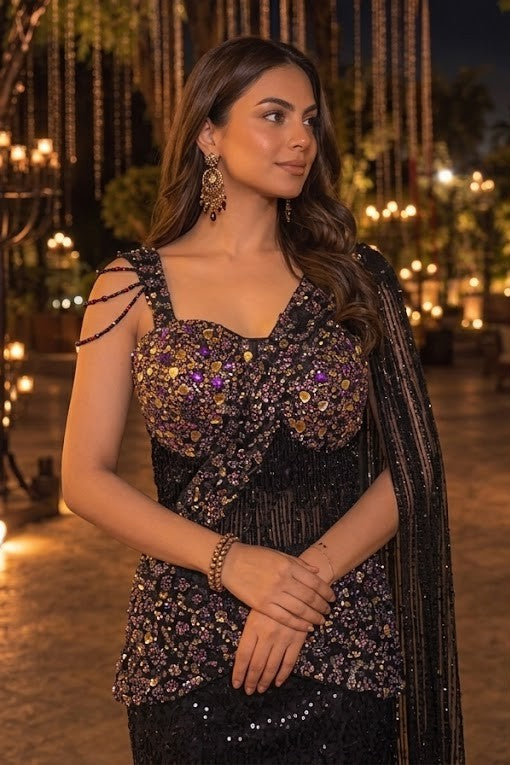 Regal Black Embellished Premium Net Lehenga Set