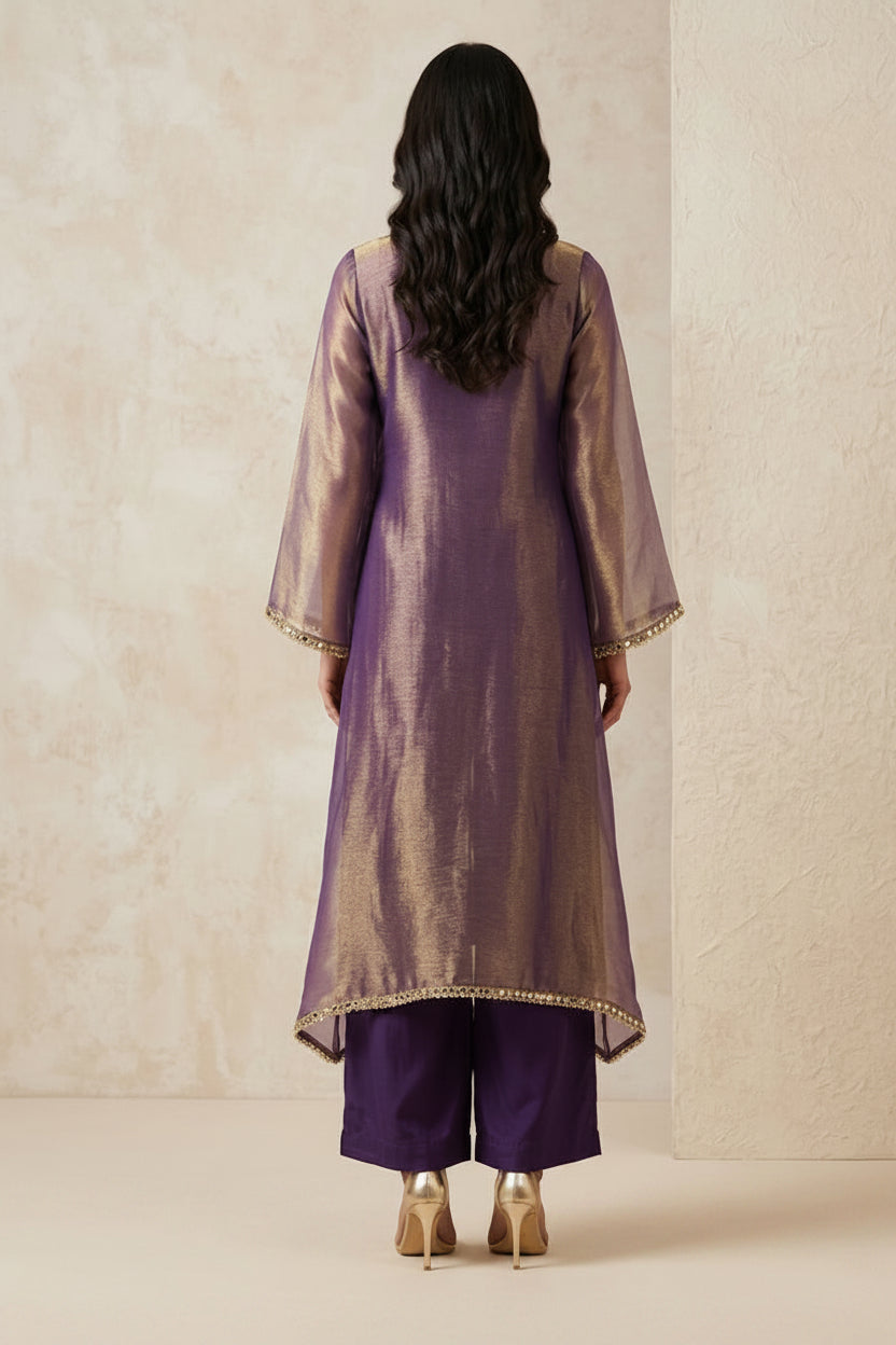 Two Tone Purple Embellished Organza Silk Palazzo Set
