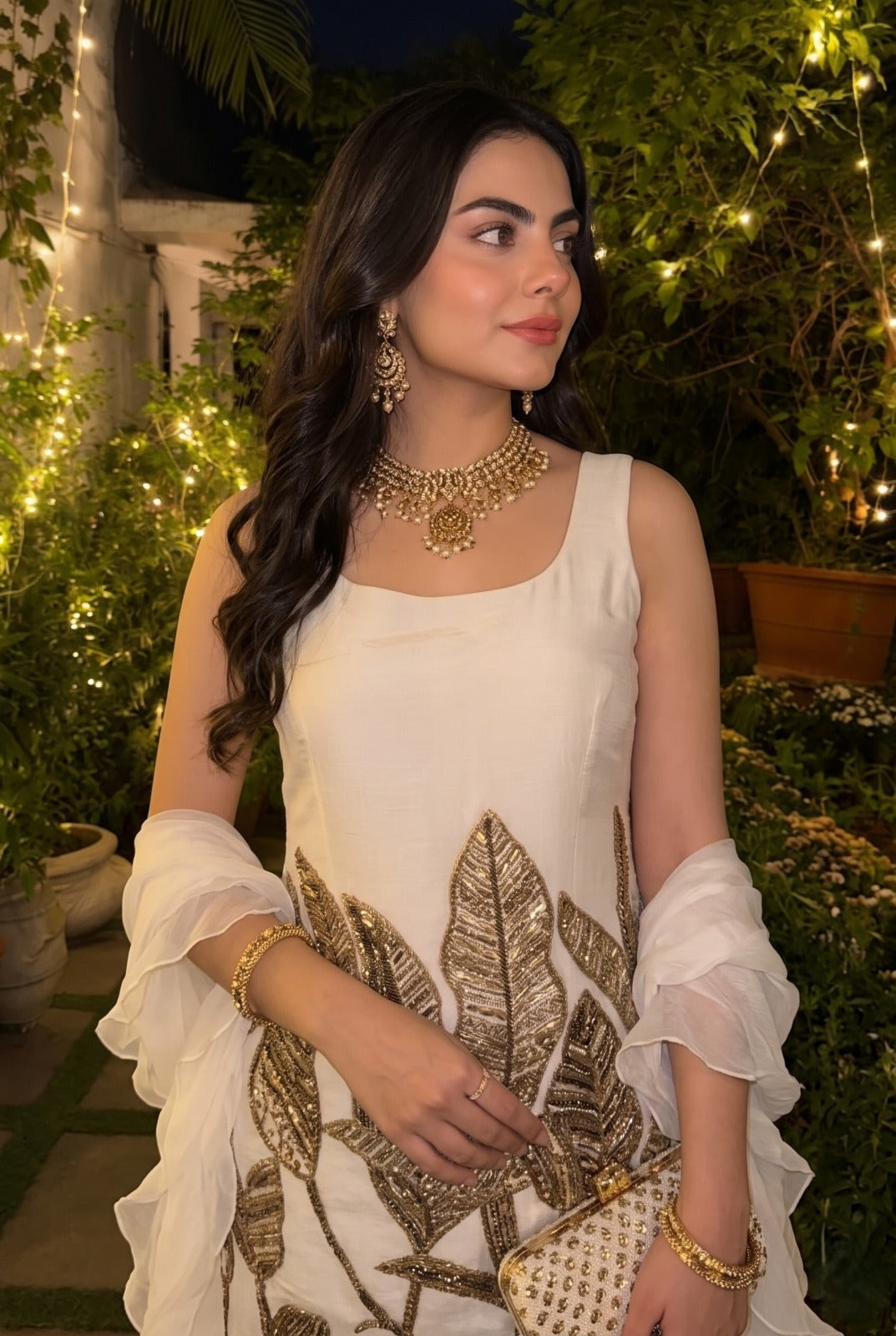 Regal White Embellished Chinon Silk Palazzo Set