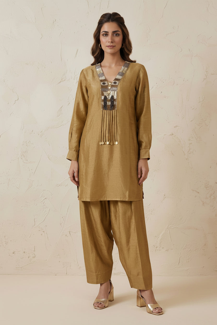 Opulent Gold Embellished Crepe Silk Pant Set