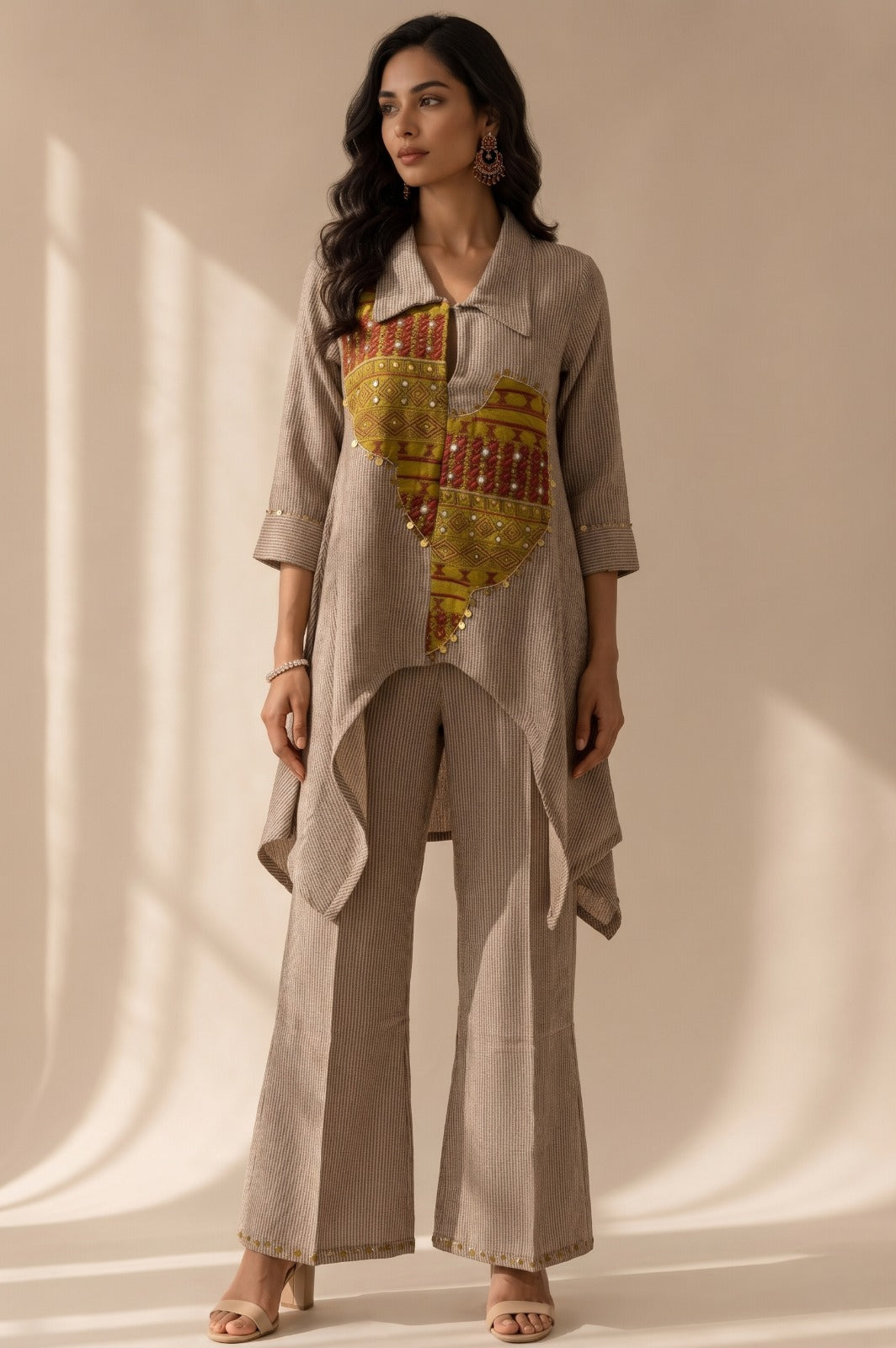 Beige Brown Woven Cotton Tweed Co-Ord Set