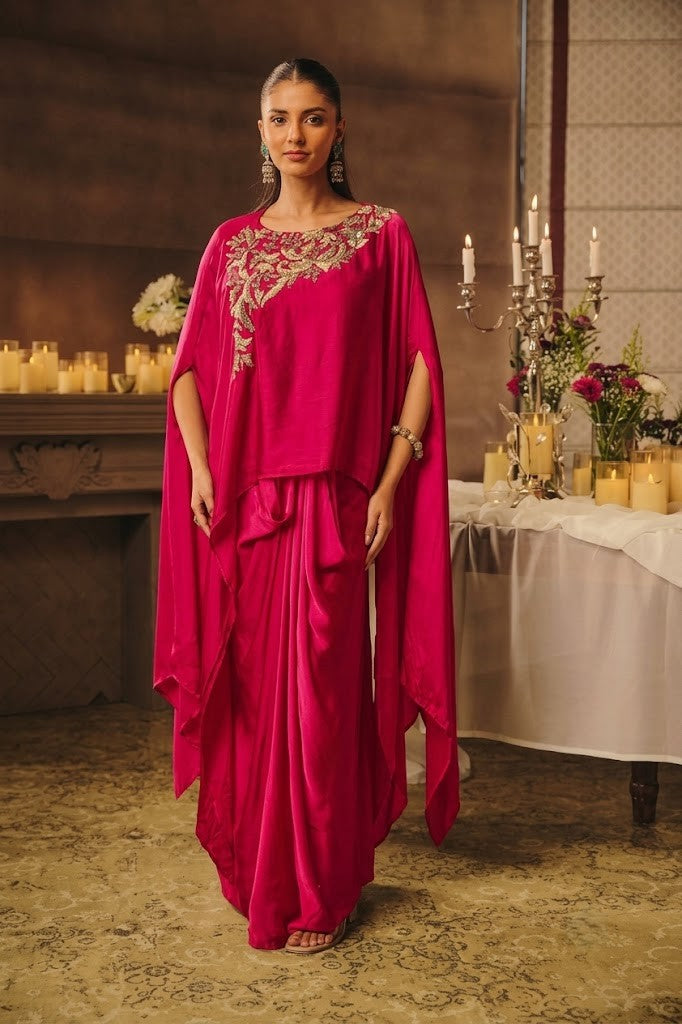 Rani Pink Embellished Crepe Silk Skirt Set