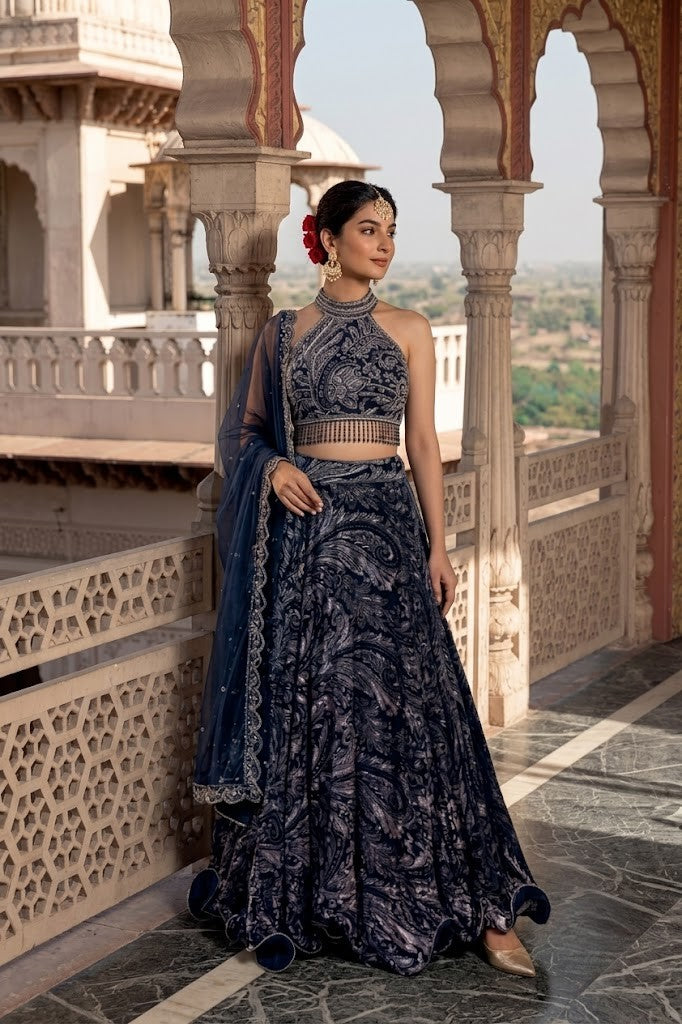 Deep Twilight Navy Embellished Velvet Silk Lehenga Set