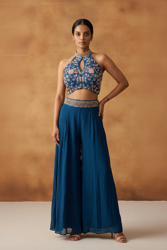 Teal Blue Embellished Crepe Silk Palazzo Set