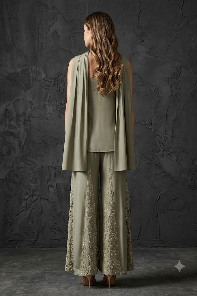 Mink Grey Embellished Crepe Silk Palazzo Set