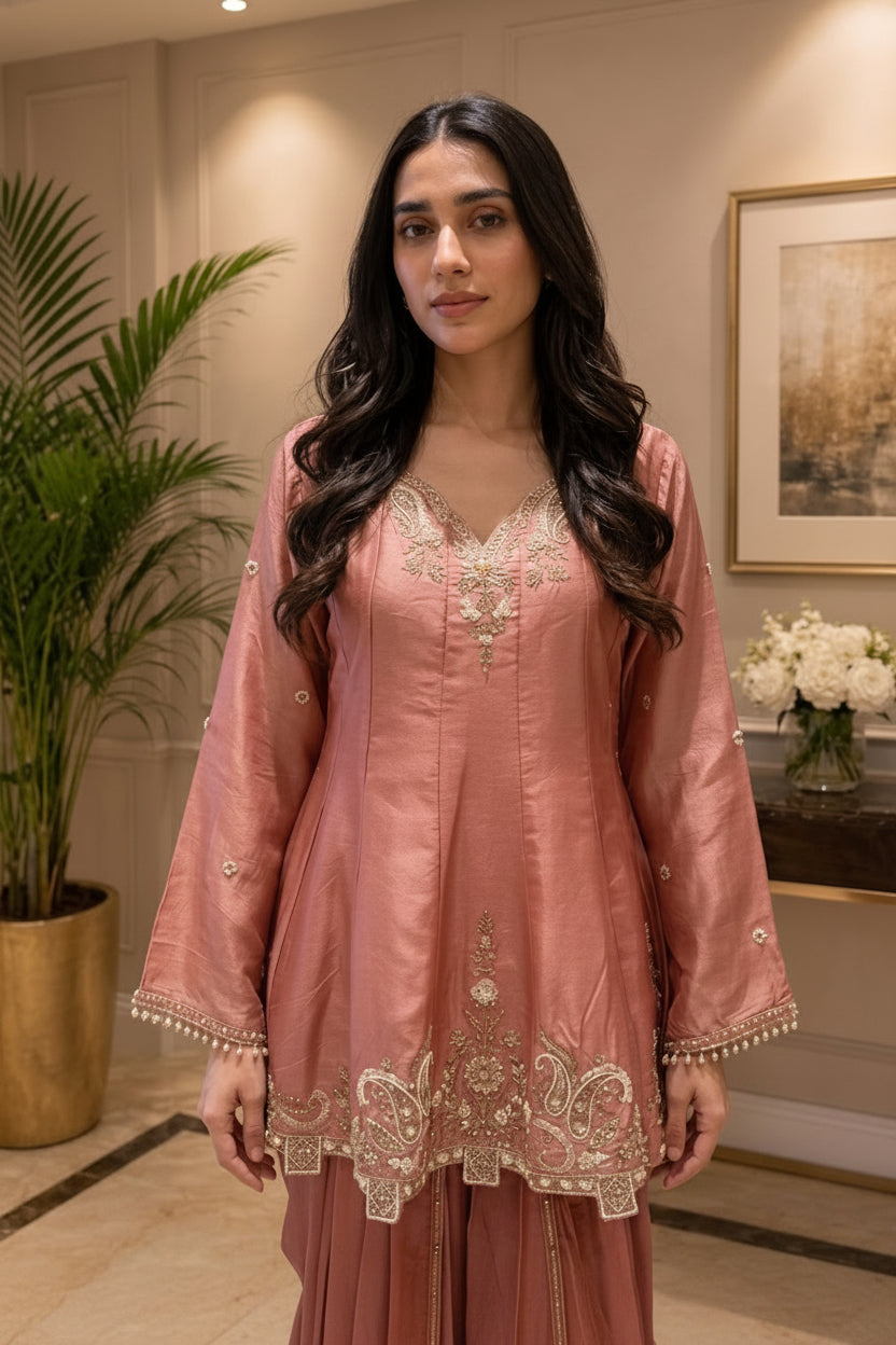 Pink Petal Embellished Crepe Silk Dhoti Set