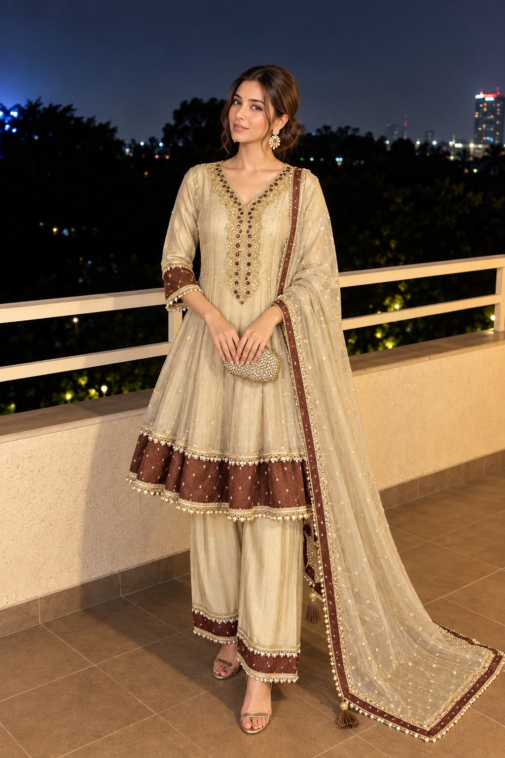 Mocha Beige Embellished Tissue Silk Salwar Set