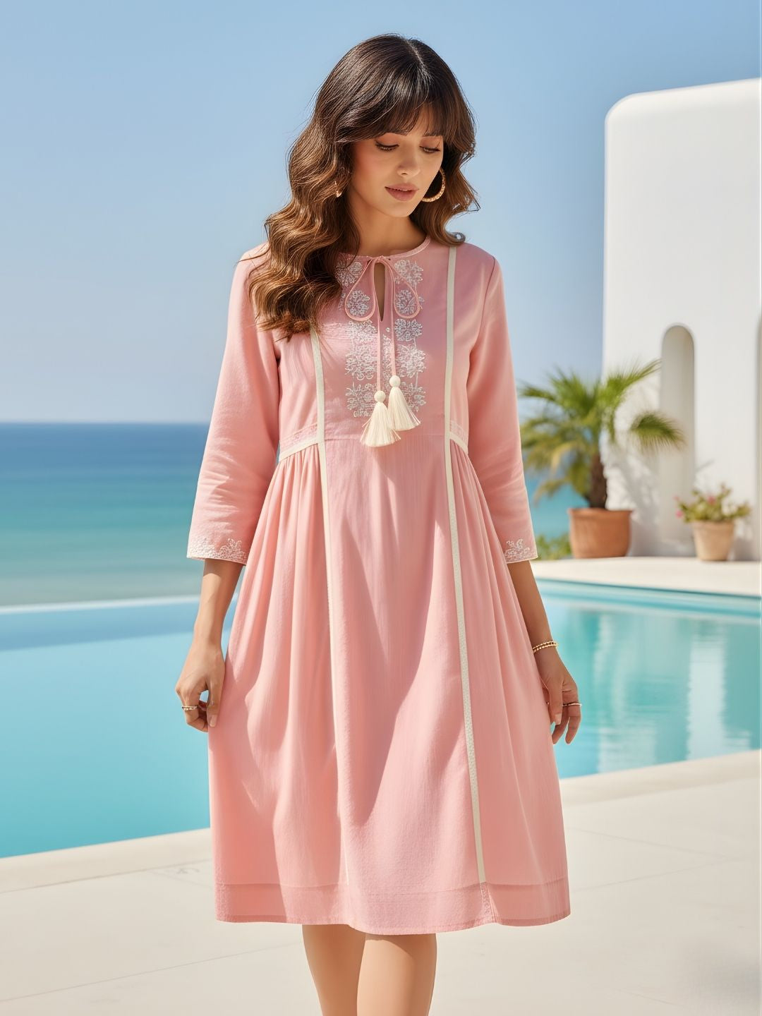 Soft Pink Embroidered Cotton Linen Dress
