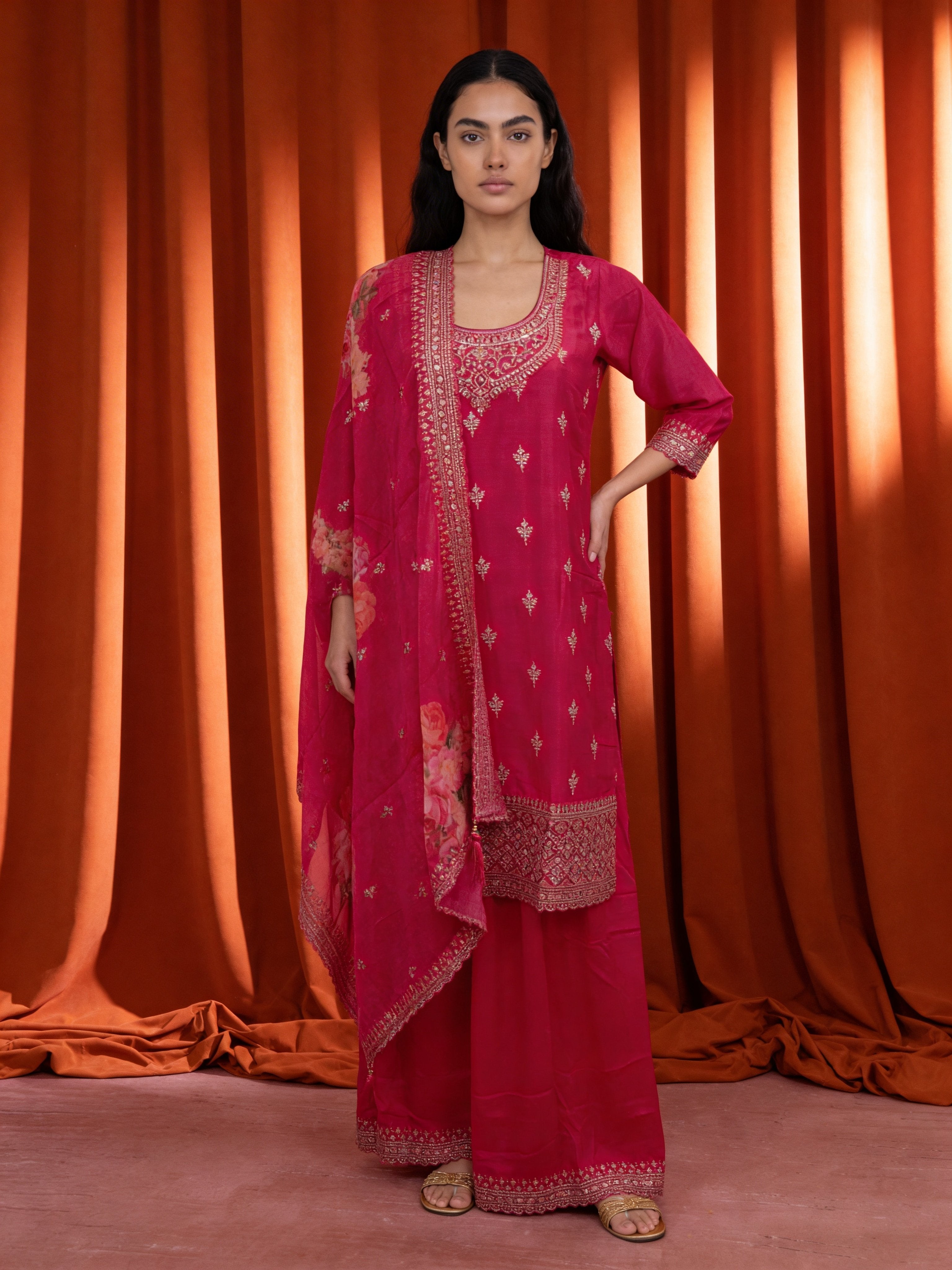 Crimson Pink Chinon Silk Palazzo Set
