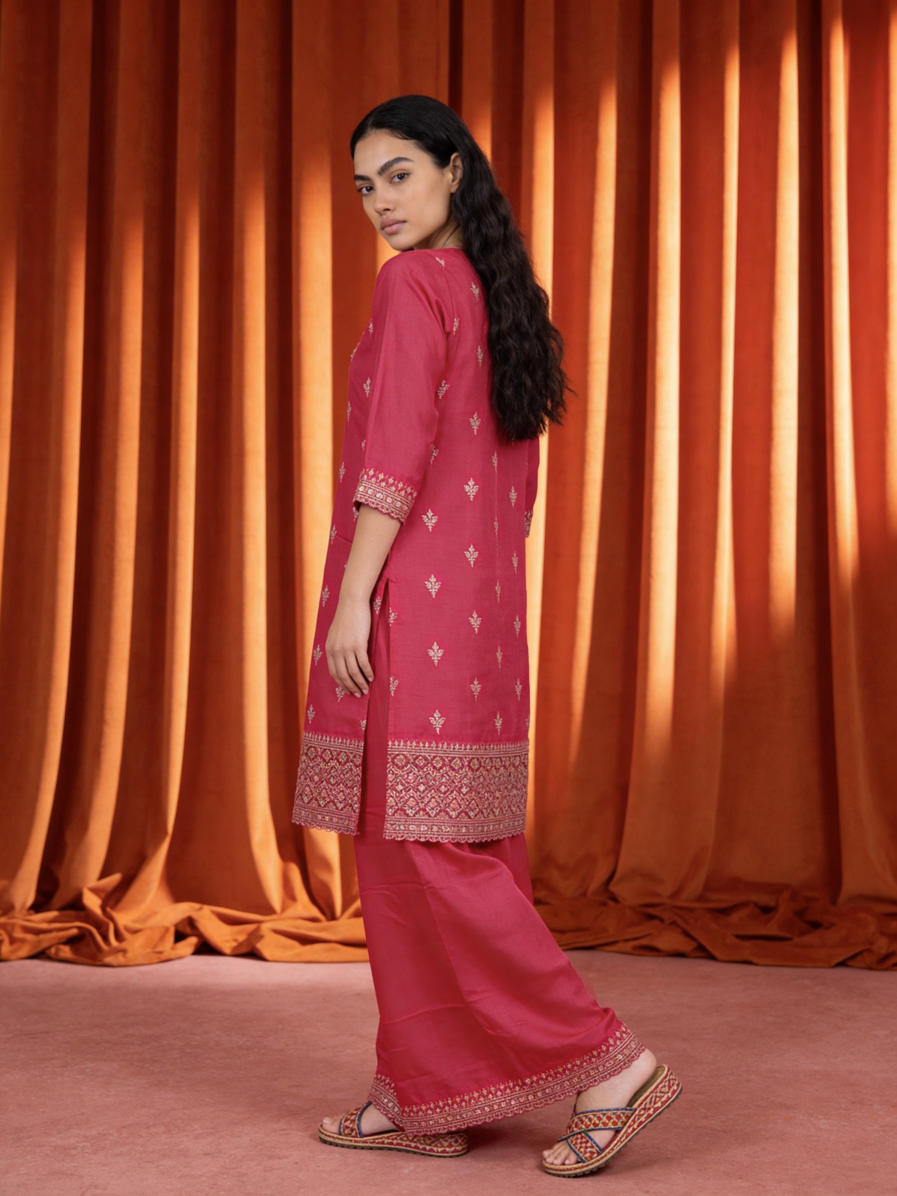 Crimson Pink Chinon Silk Palazzo Set