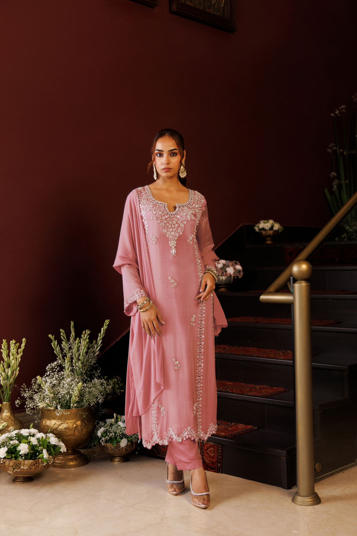 Dusty Rose Embellished Chinon Silk Pant Set
