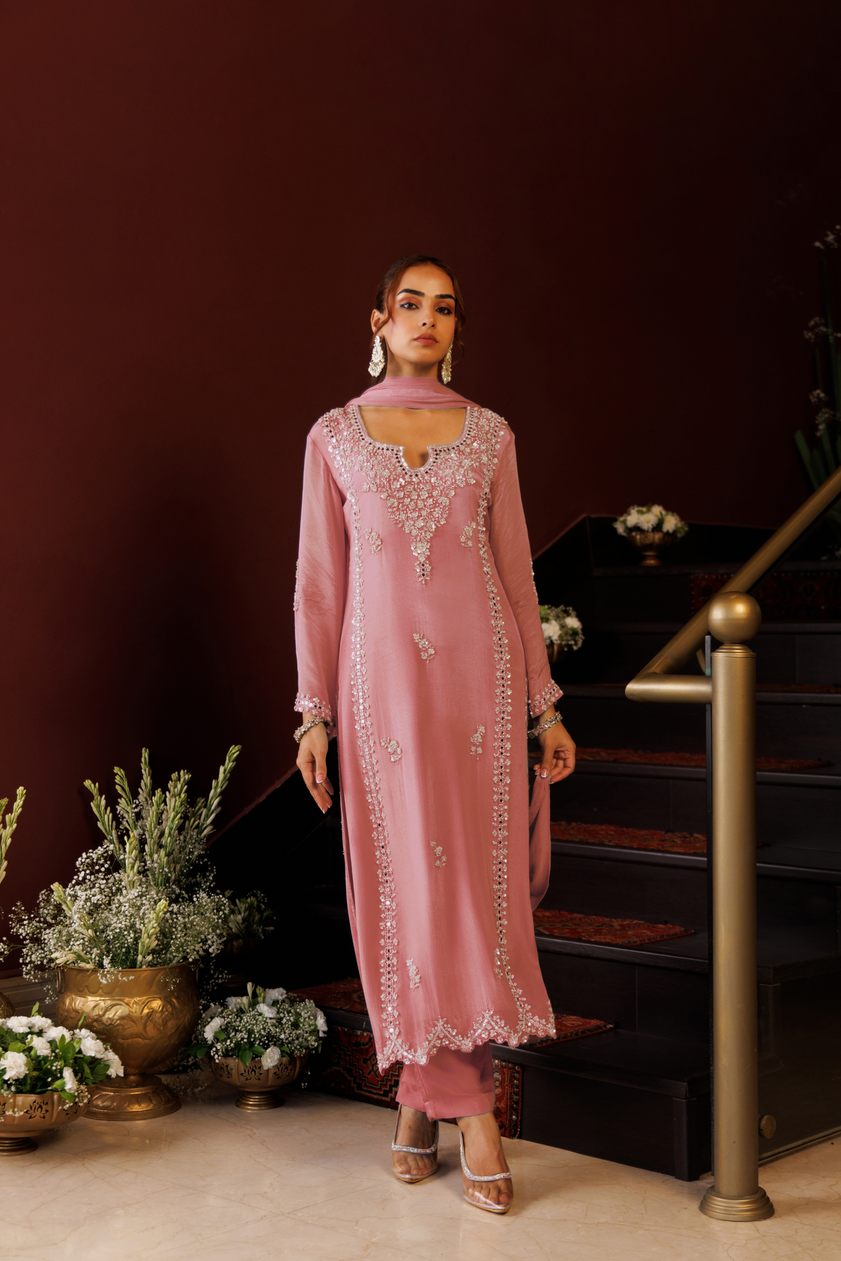 Dusty Rose Embellished Chinon Silk Pant Set
