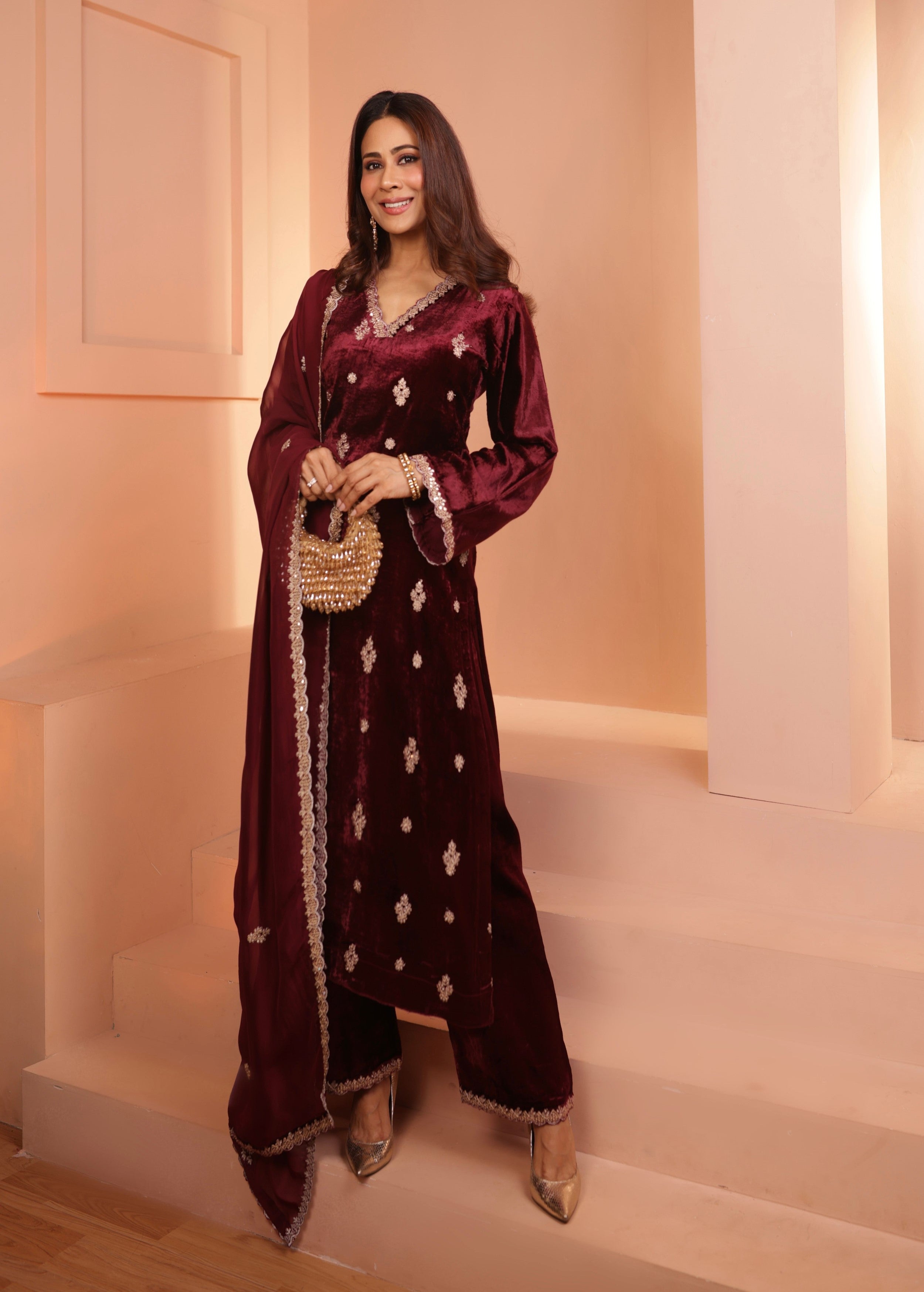 Deep Wine Embellished Premium Velvet Pant Set