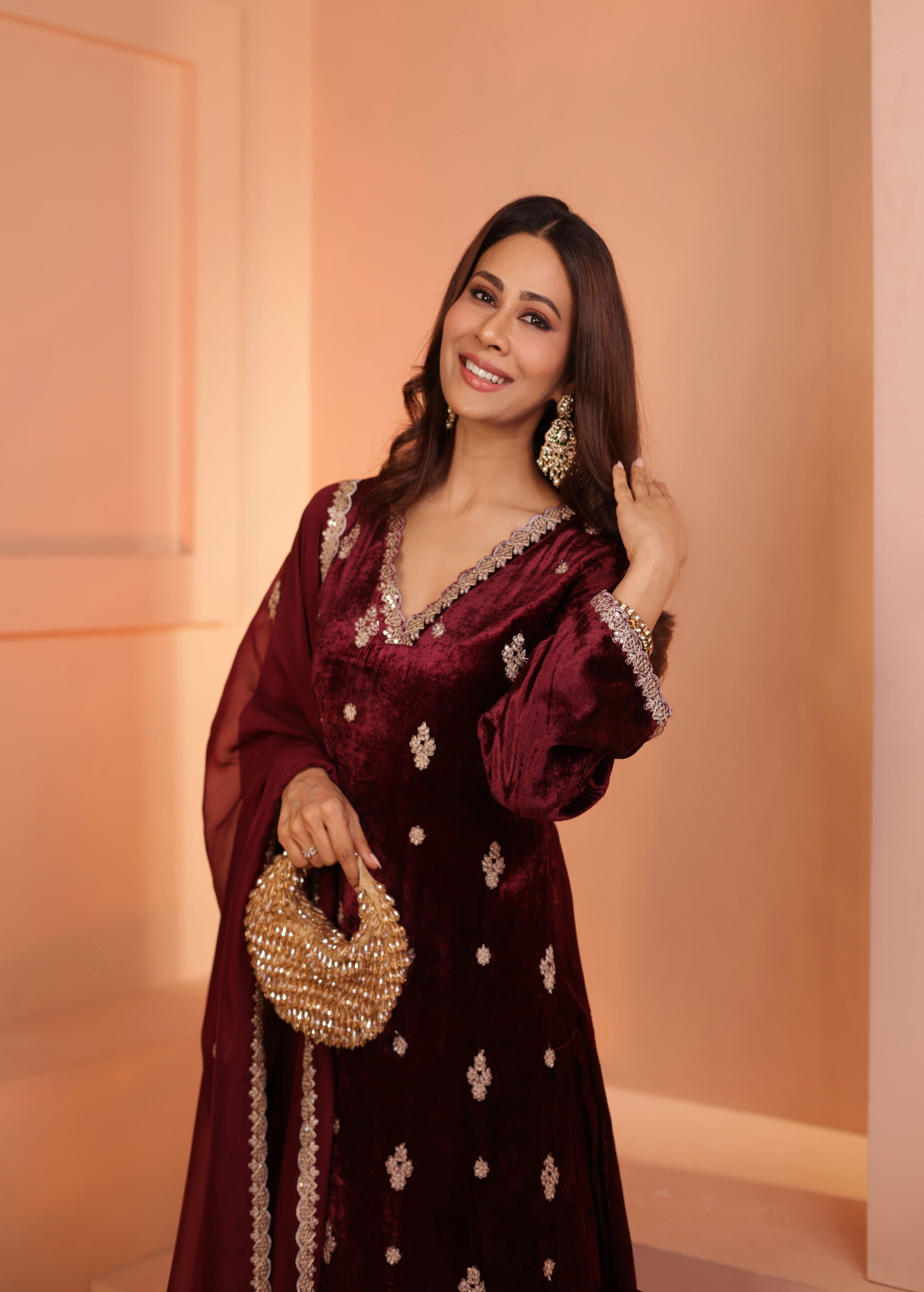 Deep Wine Embellished Premium Velvet Pant Set