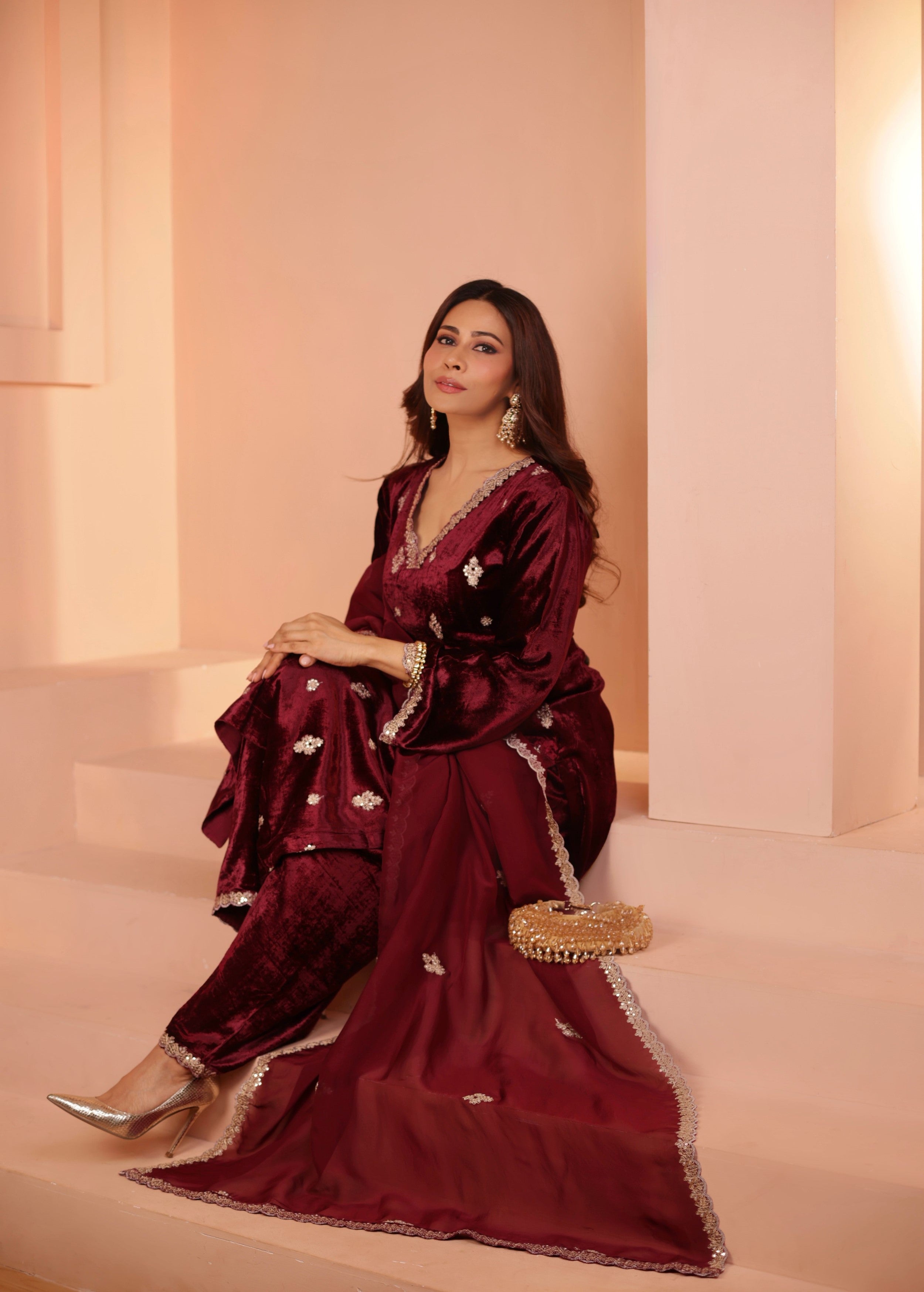 Deep Wine Embellished Premium Velvet Pant Set