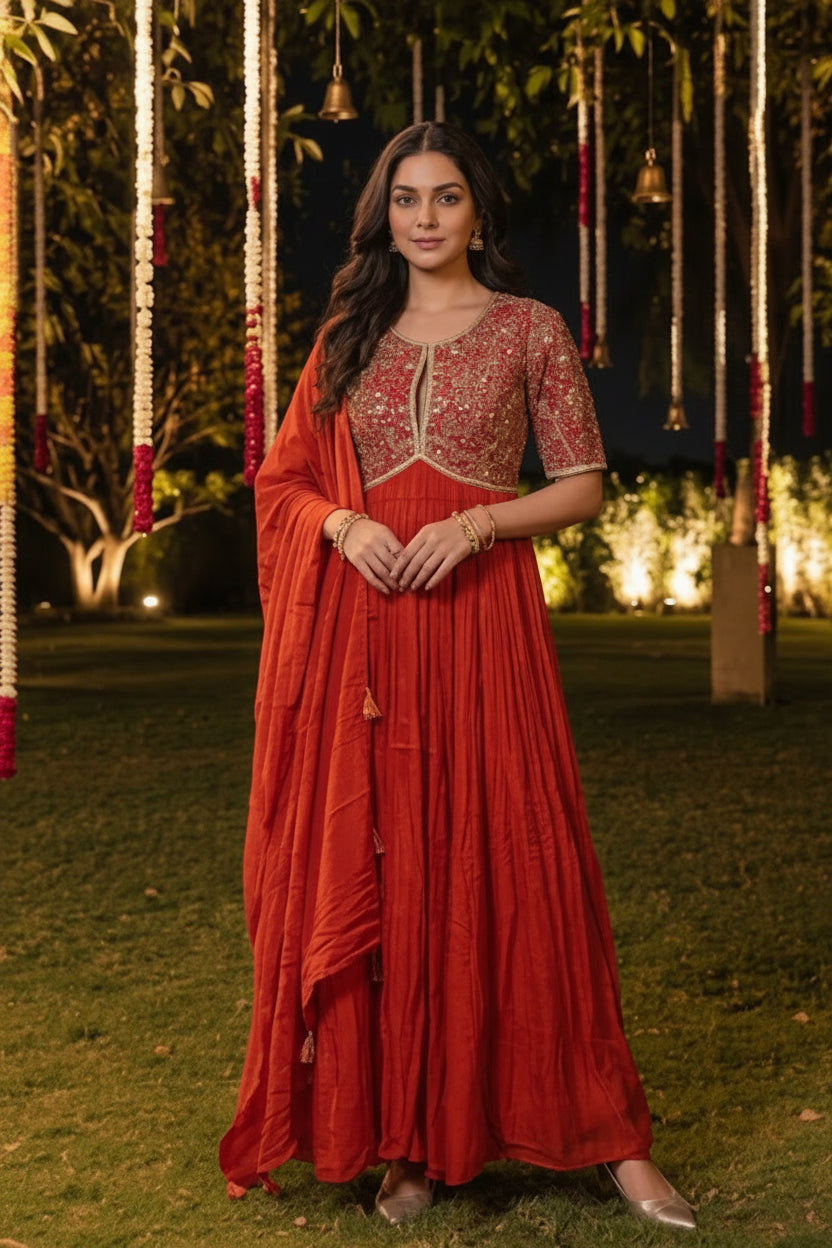 Zest Orange Embellished Georgette Silk Anarkali Set