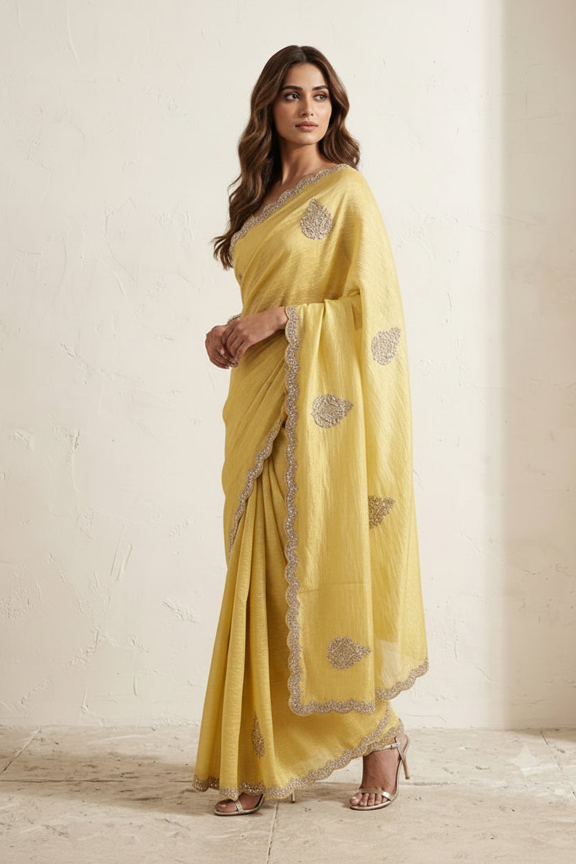Pale Yellow Embellished Crushed Tissue Silk Saree