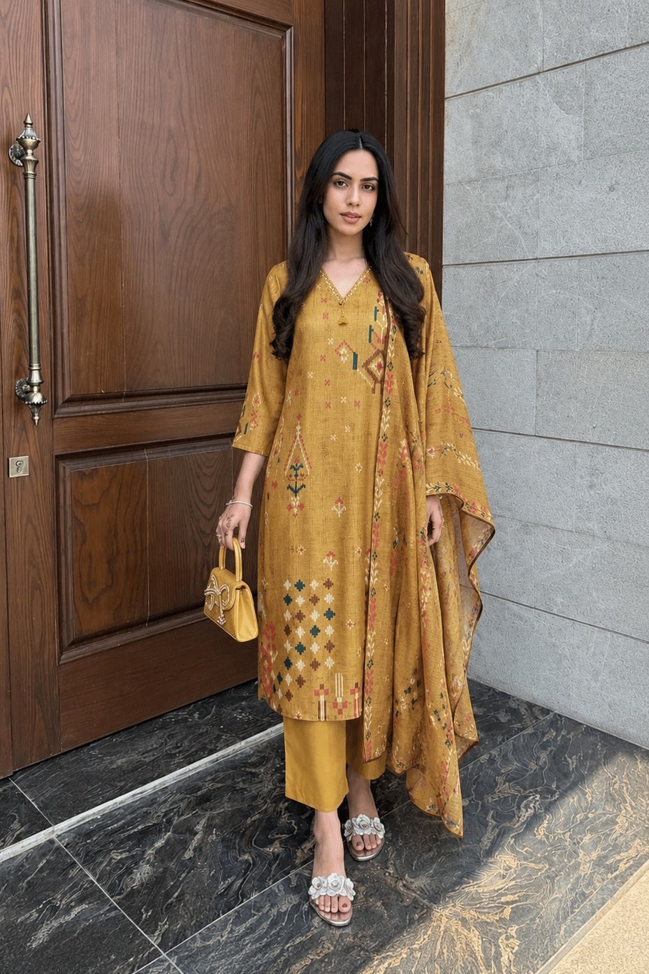 Mustard Green Embroidered Linen Pant Set