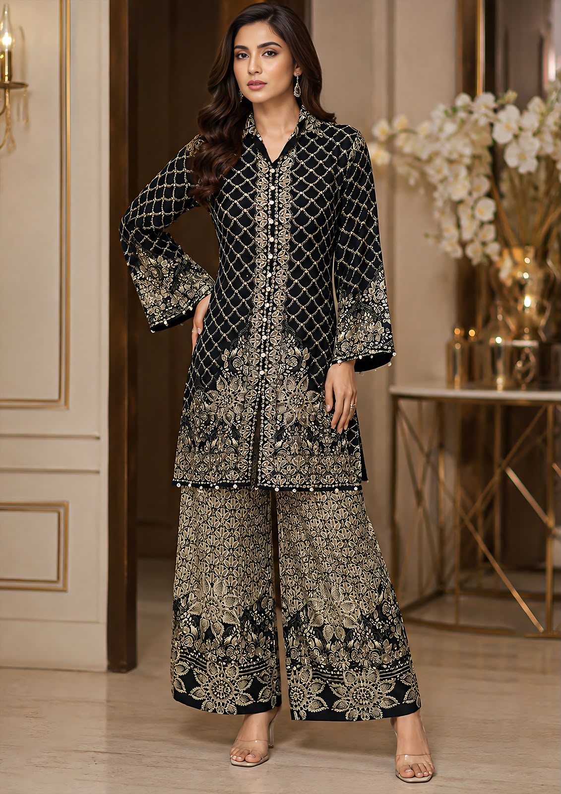 Jet Black Beige Printed Crepe Silk Palazzo Set