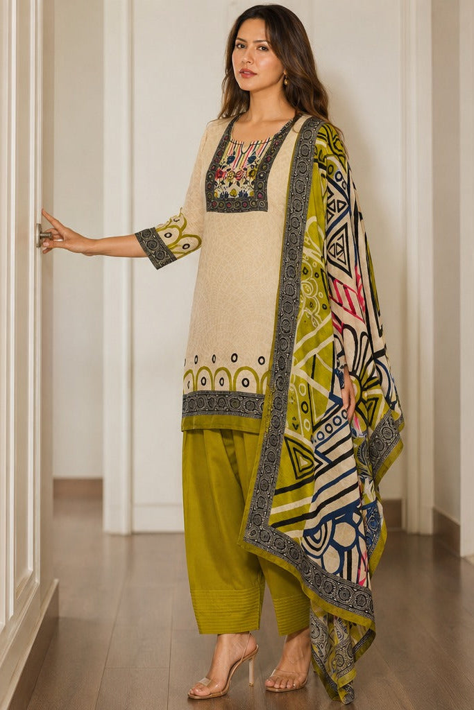 Beige Green Printed Crepe Silk Farshi Salwar Set