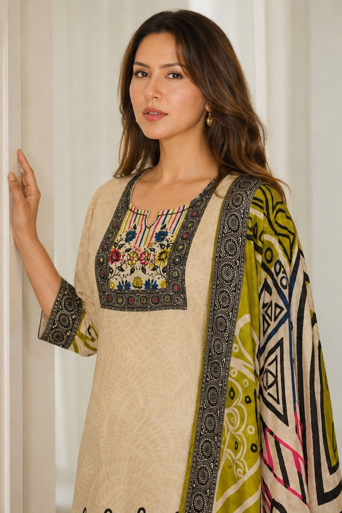 Beige Green Printed Crepe Silk Farshi Salwar Set